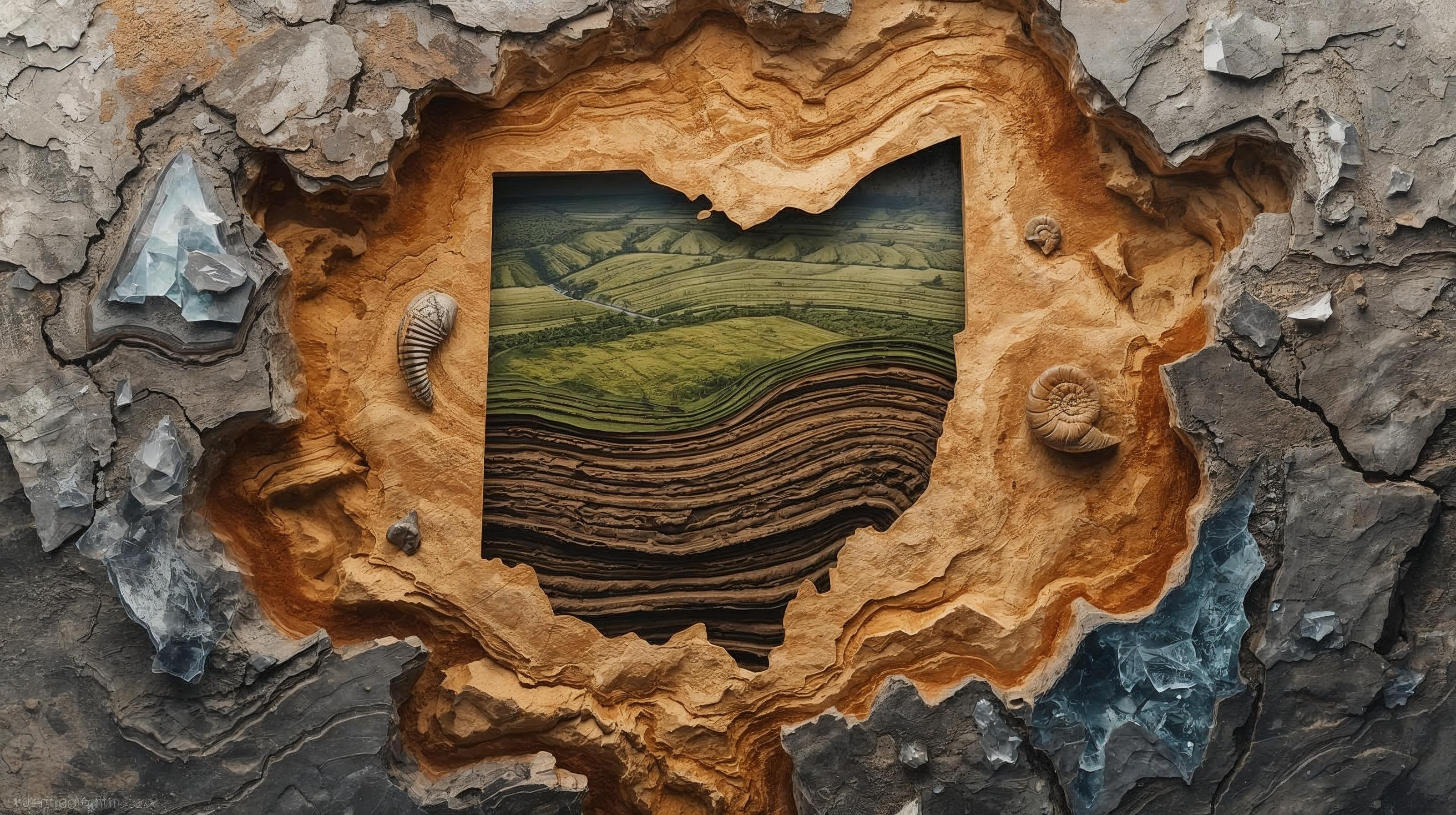 An aerial view of Ohio farmland set inside an Ohio-shaped window cut through layers of sandstone, shale and fossil-bearing rock.