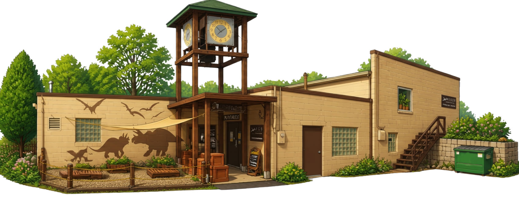 An illustration of the museum building: a long single-storey block in cream masonry, with a wooden clock tower over the entrance, a shade sail and a dinosaur mural along the near wall, and a fenced gravel play area in front.