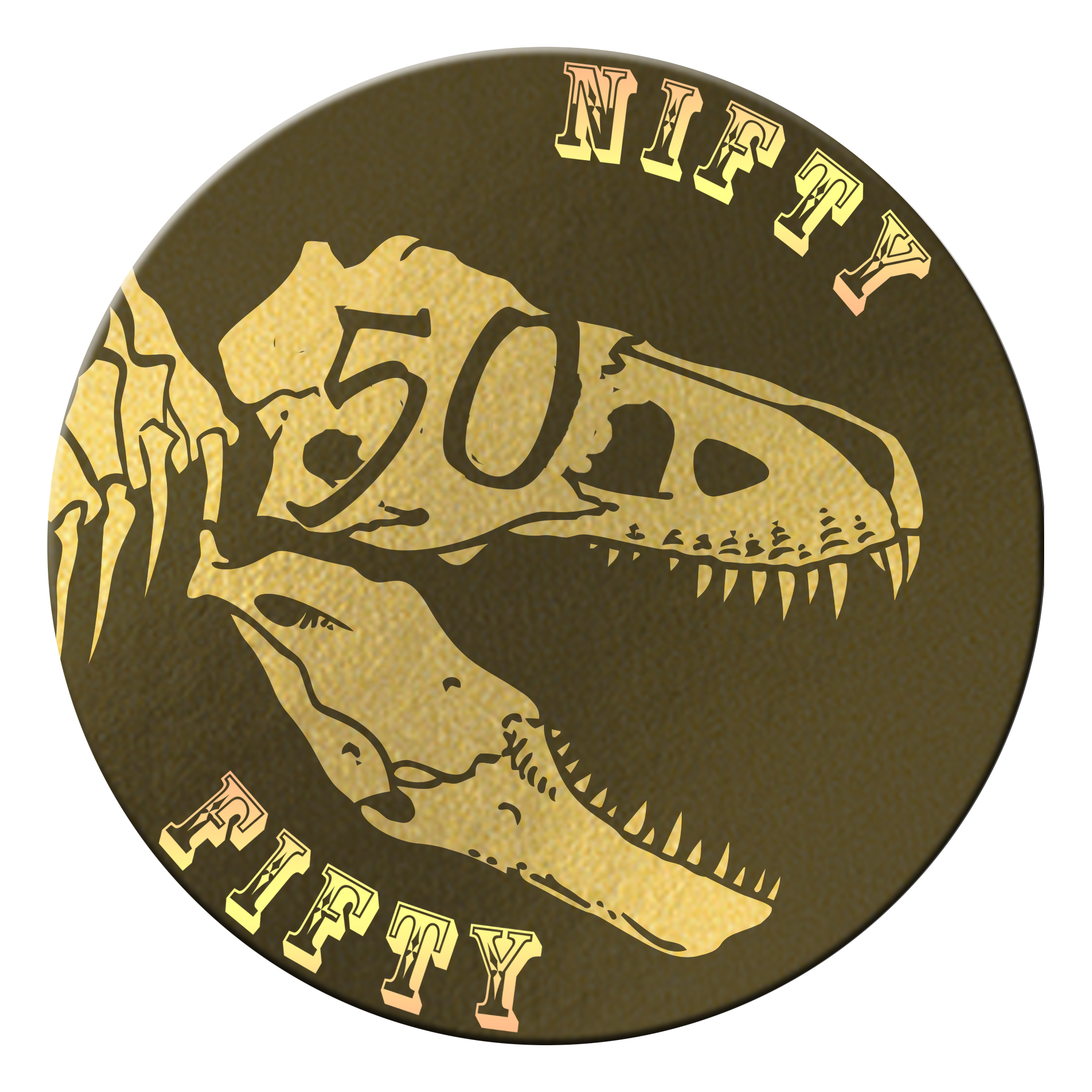 The Nifty Fifty Club coin, showing a dinosaur skull and the number fifty.
