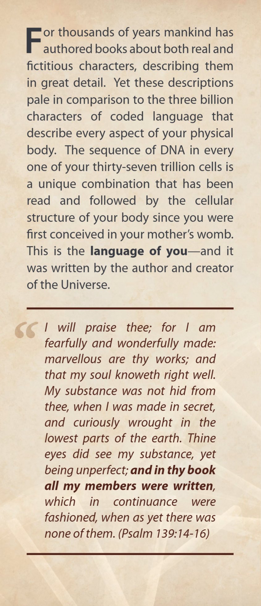 Panel 2: the opening page, on the three billion characters of coded language in every cell, with Psalm 139 verses 14 to 16.