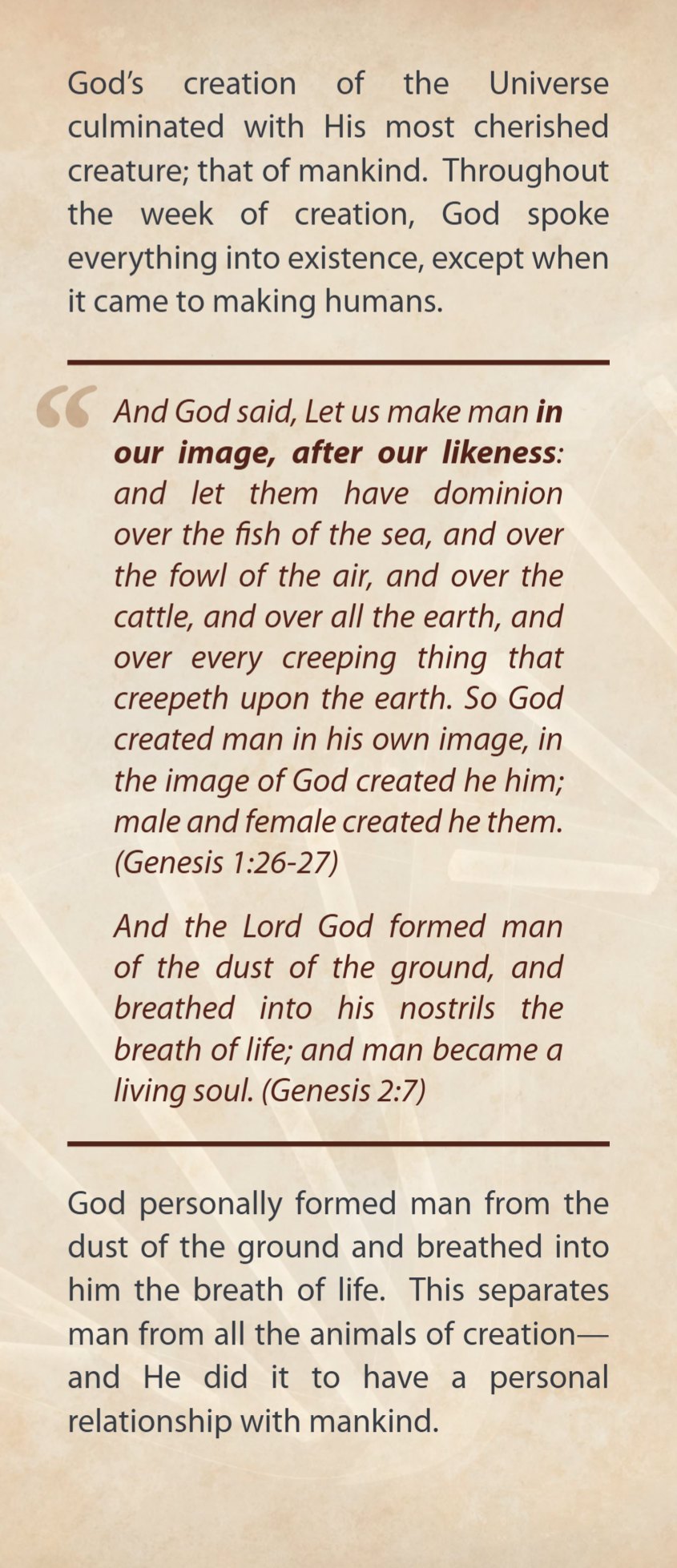 Panel 3: on the creation of mankind, with Genesis 1 verses 26 to 27 and Genesis 2 verse 7.