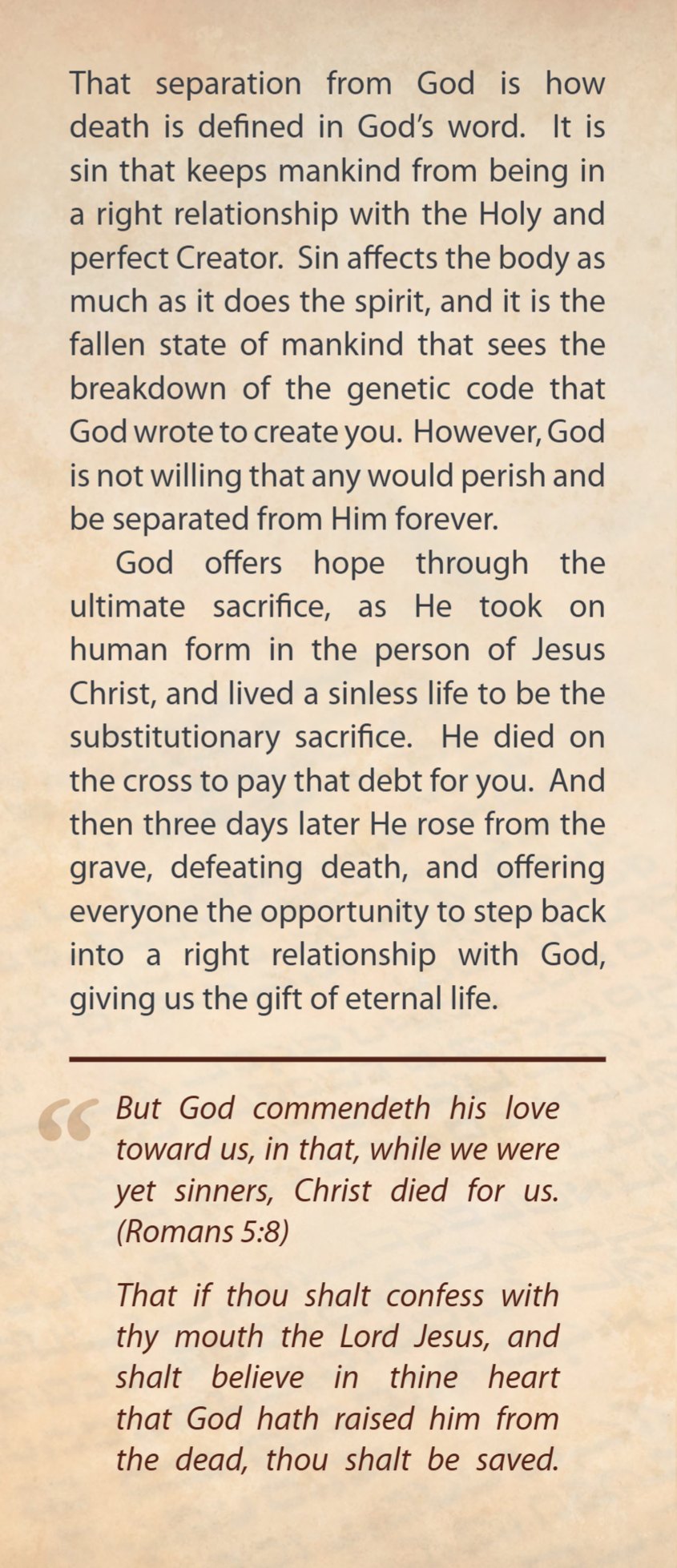 Panel 5: on the sacrifice of Jesus Christ, with Romans 5 verse 8 and Romans 10 verse 9.