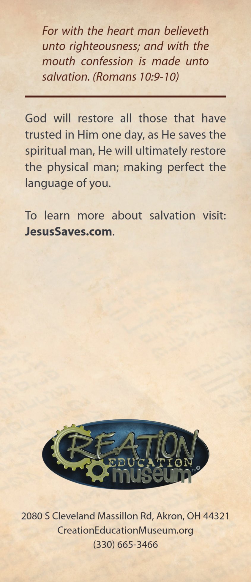 Panel 6, the back: Romans 10 verses 9 to 10, and the museum's address and telephone number.
