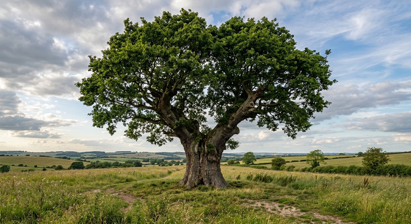 A single broad oak standing in open country, its trunk dividing low into two great branches that carry one shared canopy.