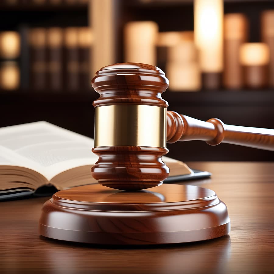 A gavel resting on its block beside an open book.