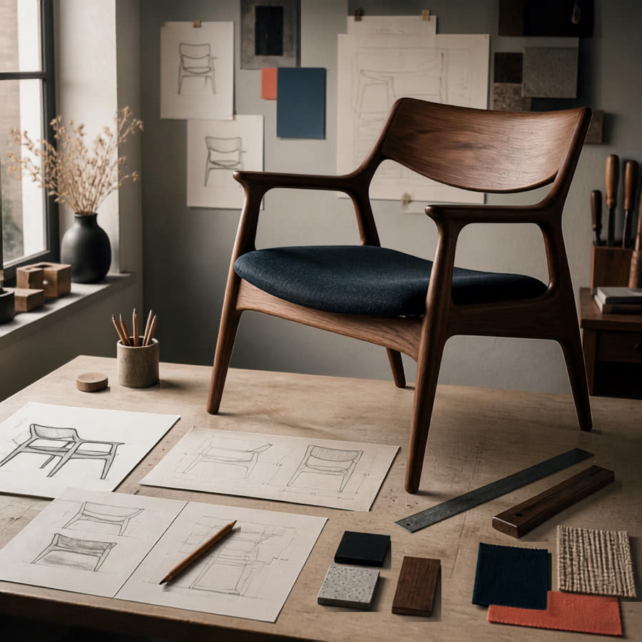 A designer&rsquo;s workshop: a finished walnut chair standing beside the drawings and material samples it was made from.