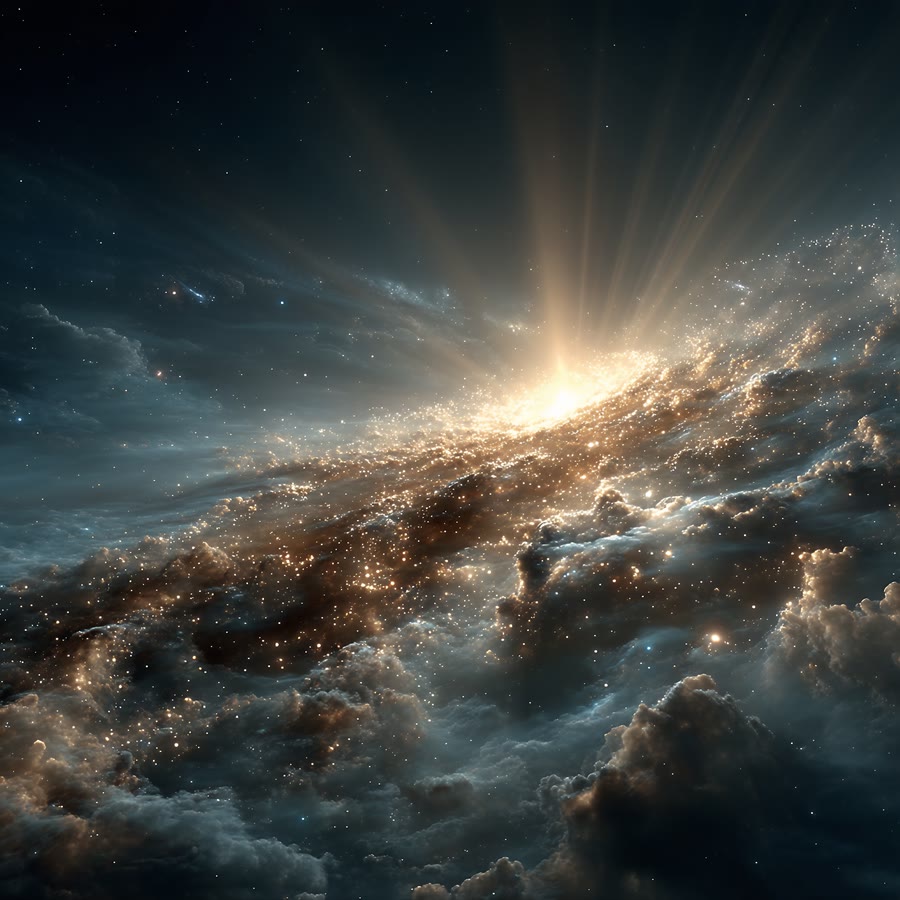 A burst of light breaking over banked cloud and a deep field of stars.