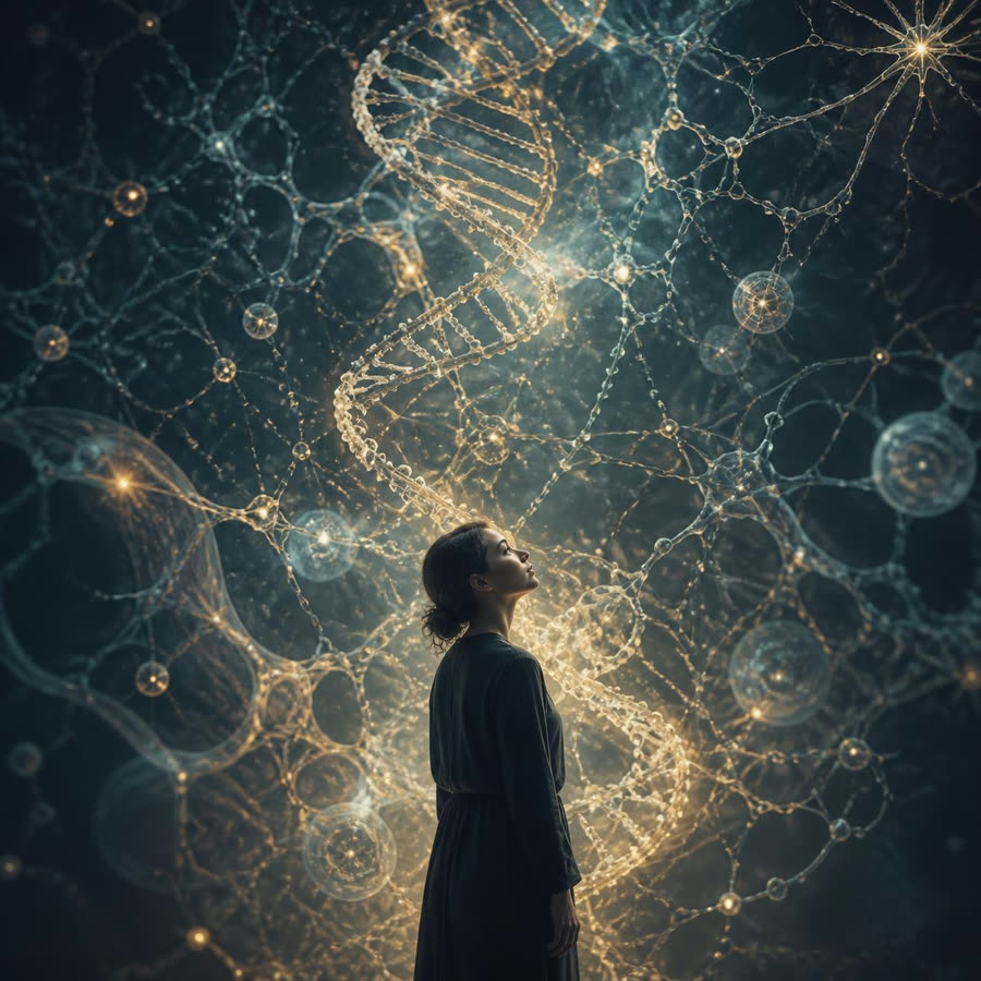 A woman standing alone, looking up at a vast glowing strand of DNA.