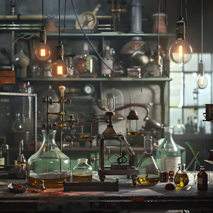 A laboratory bench crowded with glassware, burners and instruments under hanging lamps.