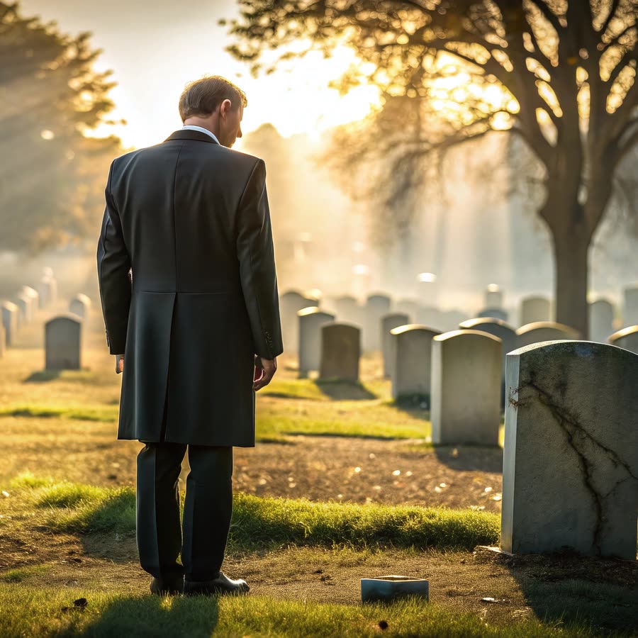 A man standing alone among gravestones as the sun rises through the trees.