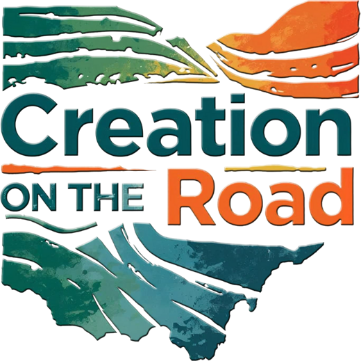 The Creation on the Road emblem: the program name lettered across an outline of the state of Ohio, painted in green, teal and orange strata.