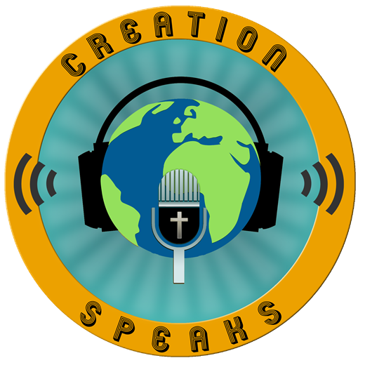 The Creation Speaks emblem: a globe wearing headphones behind a studio microphone marked with a cross, ringed in gold.